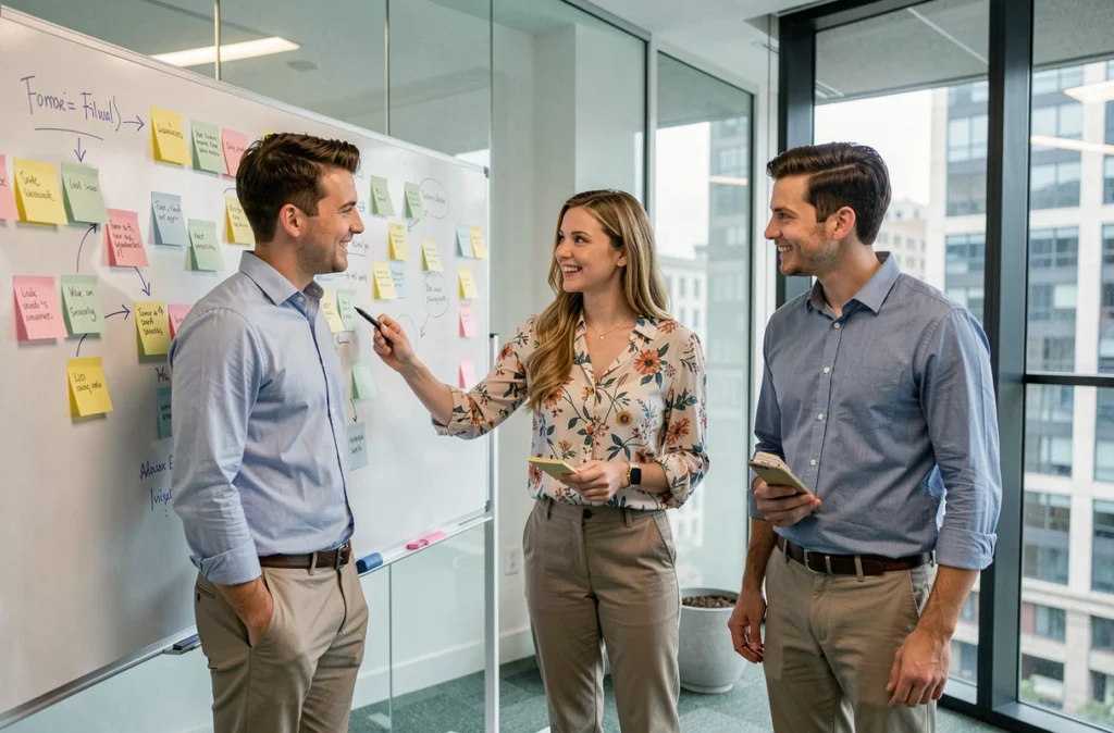 Équipe de jeunes talents en session de brainstorming dans une startup, reflétant l'évolution des attentes professionnelles en matière de collaboration et de sens au travail