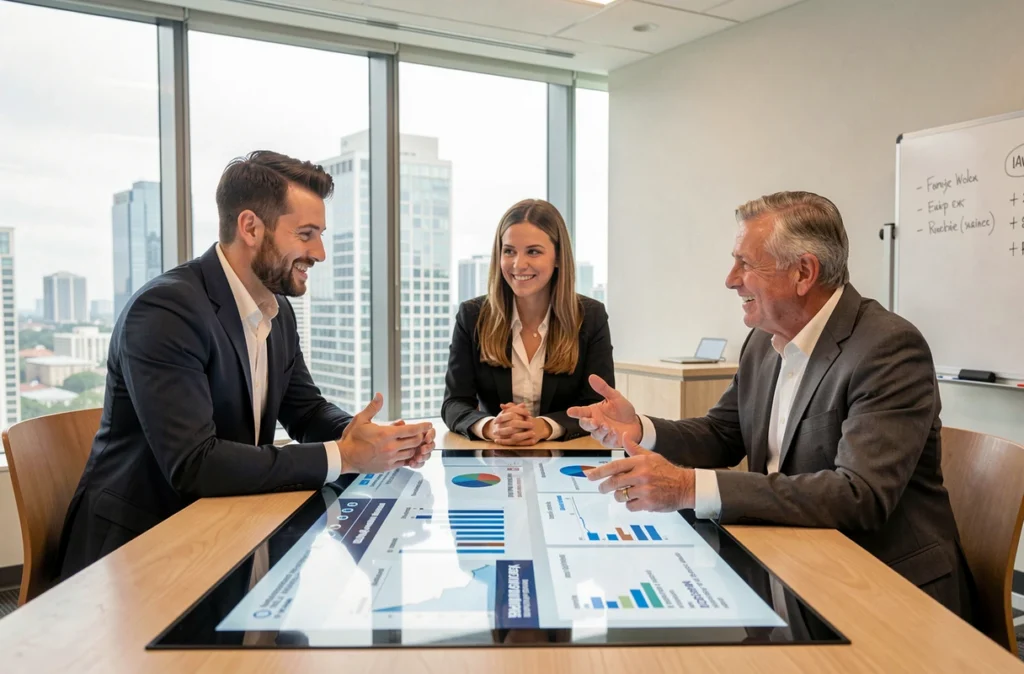 Équipe de professionnels RH collaborant autour d'une table tactile affichant des données d'IA pour la gestion des ressources humaines
