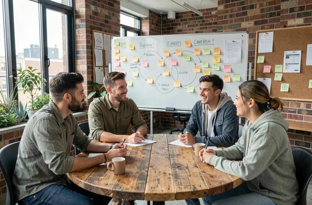 Équipe de start-up collaborant sur une stratégie d'éco-conception autour d'une table en bois recyclé dans un espace de coworking