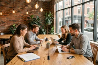 Groupe de professionnels travaillant ensemble dans un espace de coworking moderne en centre-ville avec murs en briques apparentes