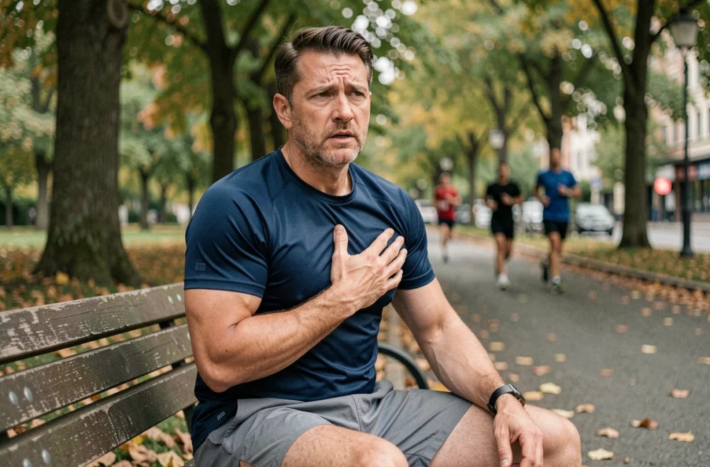 Homme en tenue de sport s'arrêtant pendant un jogging à cause d'un essoufflement lié à une anémie ferriprive