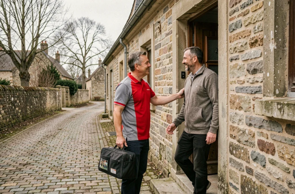 Technicien d'Etienne Services arrivant chez un client pour une intervention de serrurerie dans un village des Ardennes
