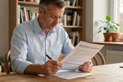 Un homme d'une quarantaine d'années examine attentivement son contrat d'assurance emprunteur à la maison, stylo à la main