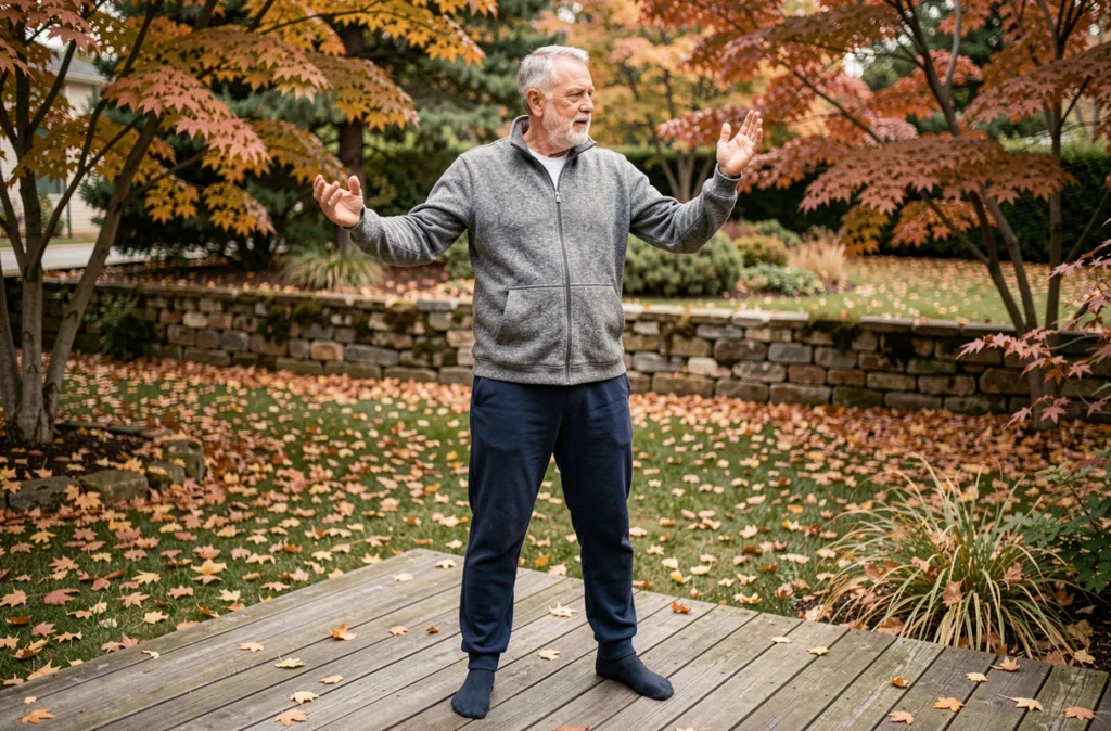Homme senior faisant des rotations douces des bras en extérieur pour soulager les douleurs articulaires dans un jardin automnal