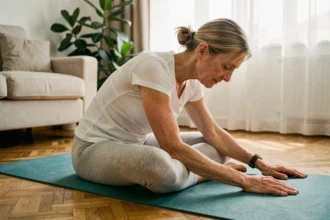 Femme de 60 ans pratiquant un étirement doux pour prévenir les douleurs articulaires sur un tapis de yoga à la maison