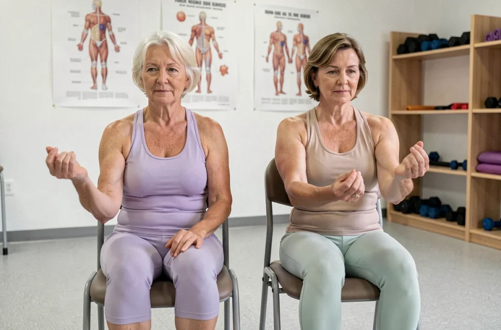 Deux femmes d'âge mûr effectuant des exercices articulaires doux en séance de kinésithérapie pour prévenir les douleurs