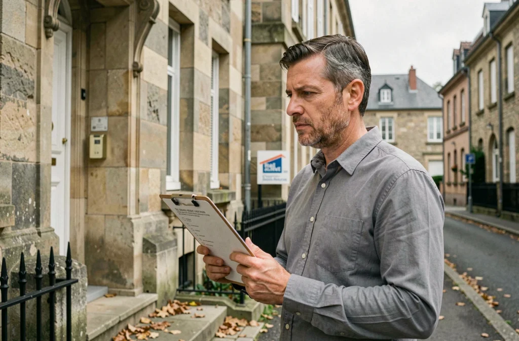 Expert immobilier inspectant une propriété avec un clipboard pour évaluer les frais annexes liés à l'achat