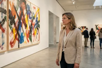 Femme contemplant une œuvre d'art contemporaine dans un musée de Lyon en 2026