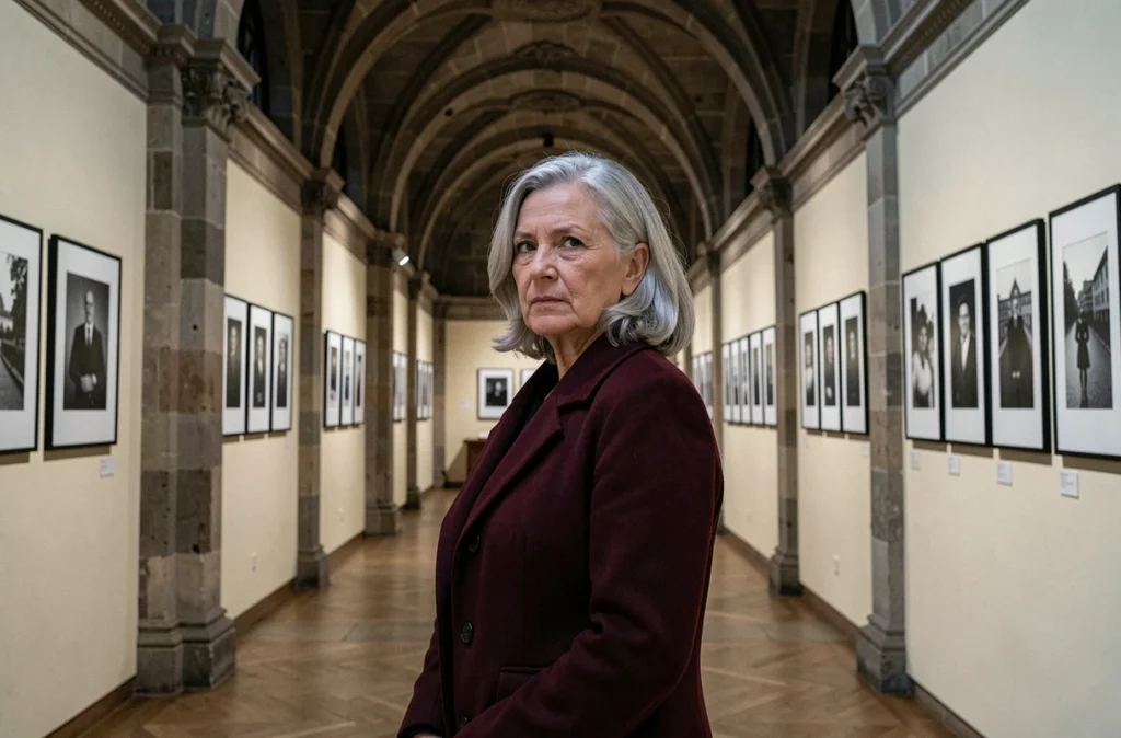 Femme élégante visitant une exposition photographique dans un musée classique de Lyon