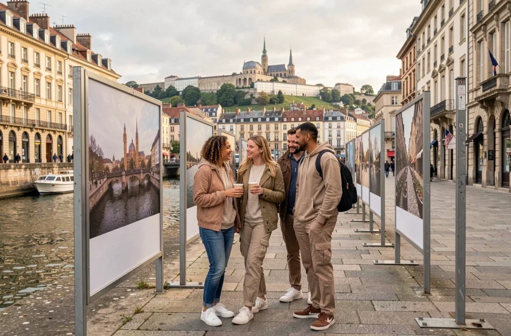 Groupe d'amis visitant une exposition en plein air au bord de la Saône à Lyon