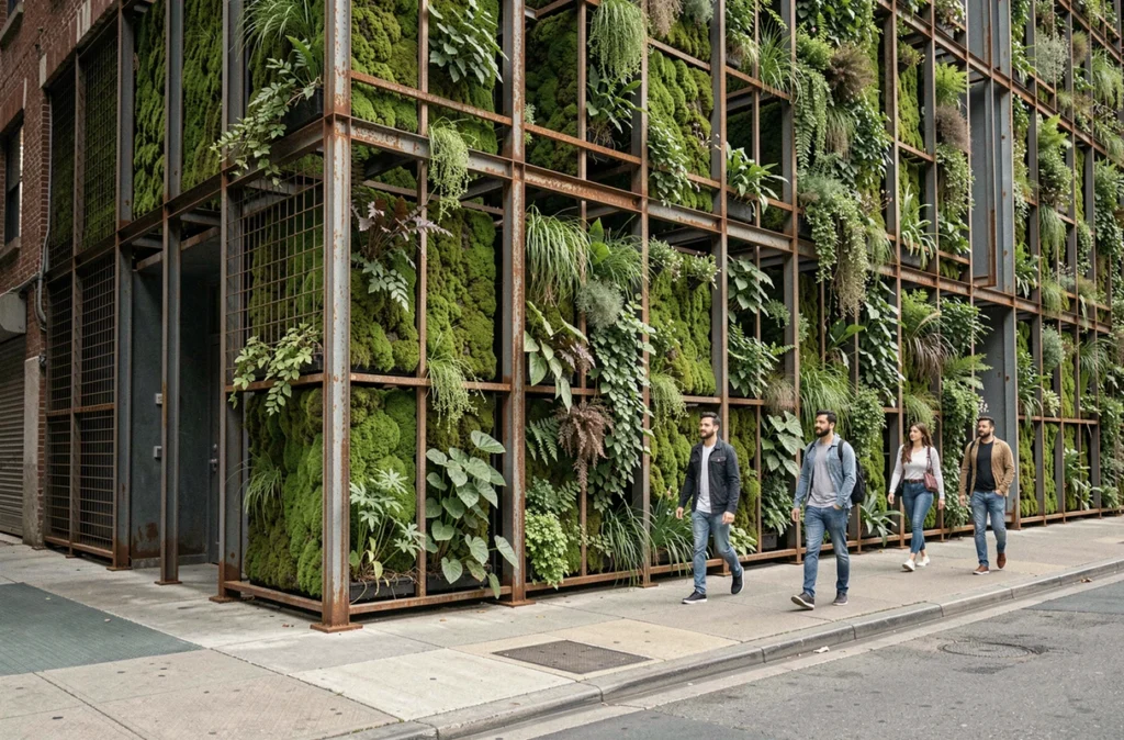 Façade de bâtiment urbain avec jardin vertical et mur végétal intégré dans une architecture durable en ville