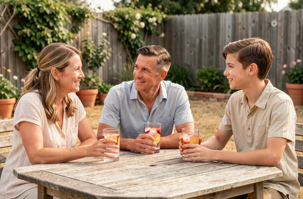 Famille réunie autour d'une table de jardin en été, partageant des boissons fraîches pour rester hydratés lors d'une journée de canicule