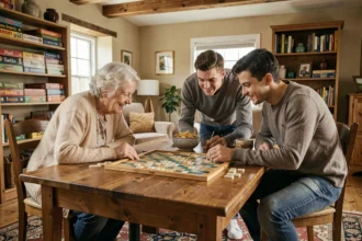 Famille multigénérationnelle jouant au Scrabble autour d'une table en bois dans un salon chaleureux