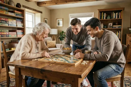 Famille multigénérationnelle jouant au Scrabble autour d'une table en bois dans un salon chaleureux