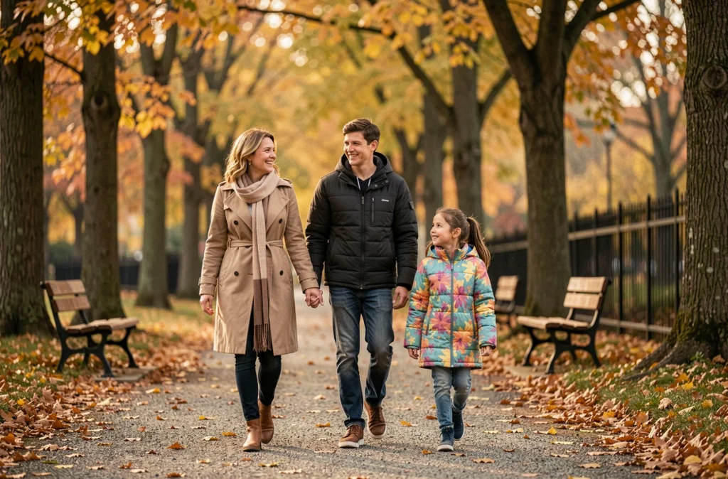 Famille recomposée en promenade dans un parc en automne, partageant un moment de complicité en plein air