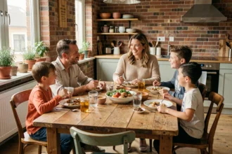 Famille recomposée réunie autour d'un repas convivial dans une cuisine contemporaine chaleureuse