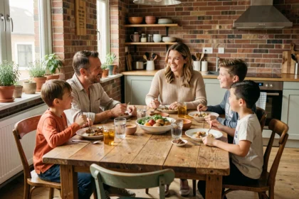 Famille recomposée réunie autour d'un repas convivial dans une cuisine contemporaine chaleureuse