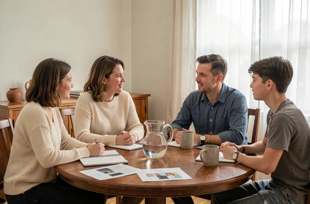 Famille réunie autour d'une table pour une discussion bienveillante entre parents et adolescents, pratique de la communication non violente dans l'éducation familiale