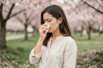 Femme se mouchant en extérieur au printemps entourée de cerisiers en fleurs, gestes contre les allergies printanières