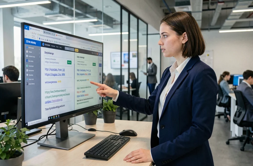 Femme en bureau moderne comparant deux adresses de sites web pour détecter une arnaque en ligne