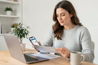 Femme comparant des frais bancaires sur son ordinateur portable et son smartphone dans un bureau à domicile moderne