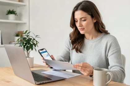Femme comparant des frais bancaires sur son ordinateur portable et son smartphone dans un bureau à domicile moderne