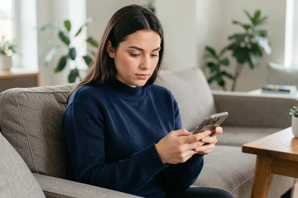 Femme consultant discrètement son espace membre sur smartphone depuis son salon, préservant sa confidentialité en ligne