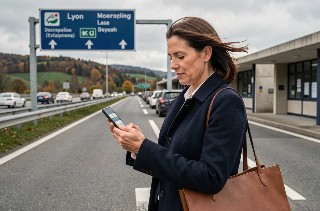 Femme professionnelle consultant son application de covoiturage à une aire d'autoroute près de Lyon