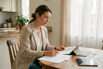 Femme consultant des documents financiers liés à un crédit à la consommation dans un appartement moderne
