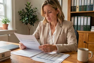 Femme consultant des documents de frais annexes lors d'un achat immobilier à son bureau