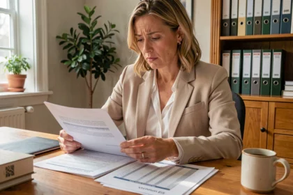 Femme consultant des documents de frais annexes lors d'un achat immobilier à son bureau