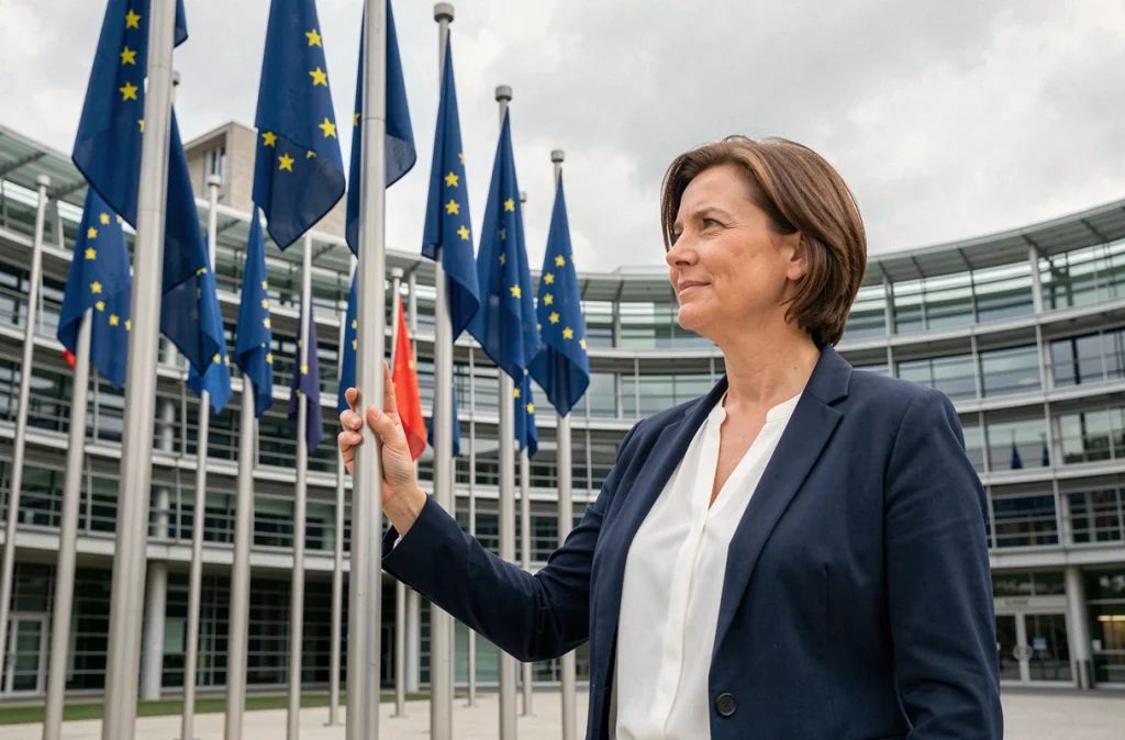 Femme devant les drapeaux européens au Parlement européen de Strasbourg, symbole d'unité