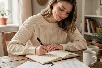 Femme écrivant un poème de vœux du nouvel an 2026 à la main dans un carnet, ambiance hivernale cosy