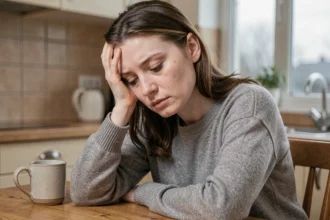 Femme fatiguée aux traits pâles assise à une table de cuisine, signe typique d'une carence en fer