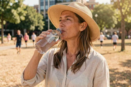 Femme se désaltérant avec une bouteille d'eau dans un parc en plein été, illustrant l'importance de l'hydratation par forte chaleur