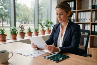 Une femme d'une quarantaine d'années examine des documents de placements responsables dans un bureau moderne avec vue sur un parc urbain