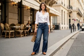 Femme portant un jean large indigo avec une blouse blanche sur un trottoir parisien, style casual chic urbain