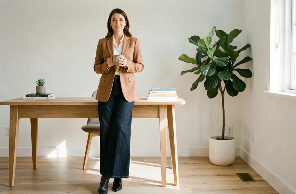 Femme élégante en jean large marine et blazer camel dans un bureau scandinave moderne, style professionnel décontracté