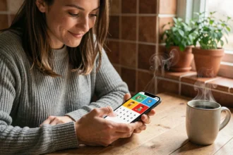 Femme jouant à 4 Images 1 Mot sur smartphone avec une grille de 9 lettres affichée, attablée dans une cuisine chaleureuse