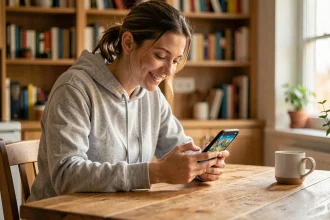 Femme jouant à Monopoly Go sur smartphone à une table en bois, souriant en regardant l'écran de l'application de jeu de société