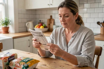 Femme lisant l'étiquette nutritionnelle d'un produit alimentaire pour surveiller sa consommation de sucre et prévenir le diabète