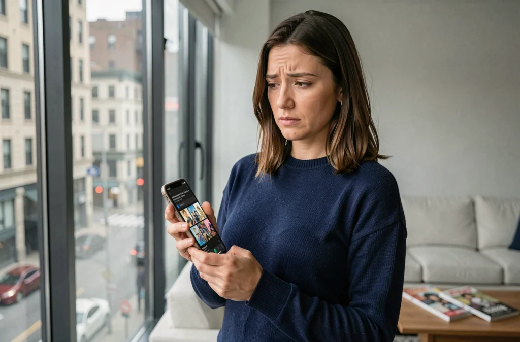 Femme tenant un smartphone affichant une application de lecture de manga avec une expression pensive dans un appartement moderne