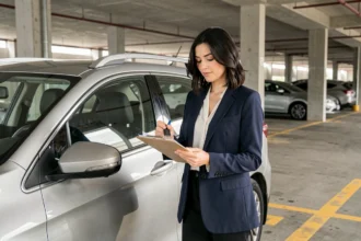 Femme cadre signant un contrat de location longue durée de véhicule dans un parking urbain