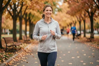 Femme d'une cinquantaine d'années marchant d'un pas vif sur une allée arborée en automne pour améliorer sa santé cardiaque