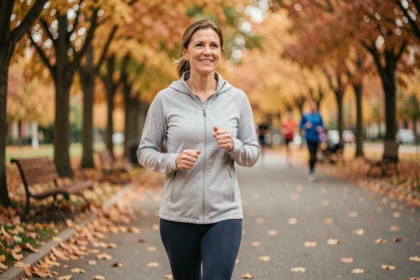 Femme d'une cinquantaine d'années marchant d'un pas vif sur une allée arborée en automne pour améliorer sa santé cardiaque
