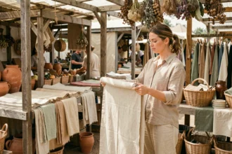 Femme en vêtements de lin naturel examinant des textiles biologiques sur un marché artisanal