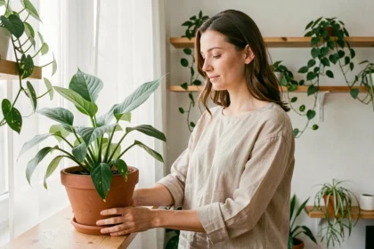 Femme disposant une plante dépolluante lys de la paix sur une étagère en bois dans un salon scandinave épuré