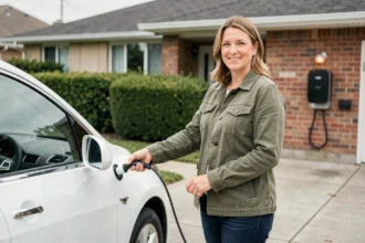 Une femme branche un câble de recharge sur sa voiture électrique blanche dans l'allée de sa maison, avec une borne de recharge murale en arrière-plan