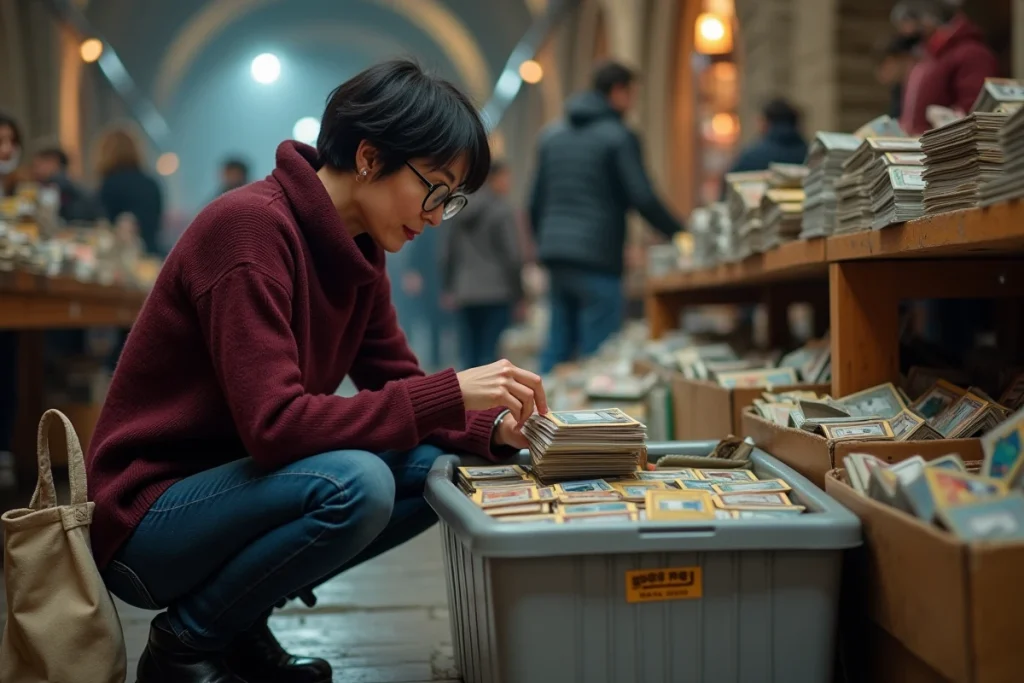 Femme fouillant des lots de cartes Pokémon dans un bac lors d'une brocante intérieure