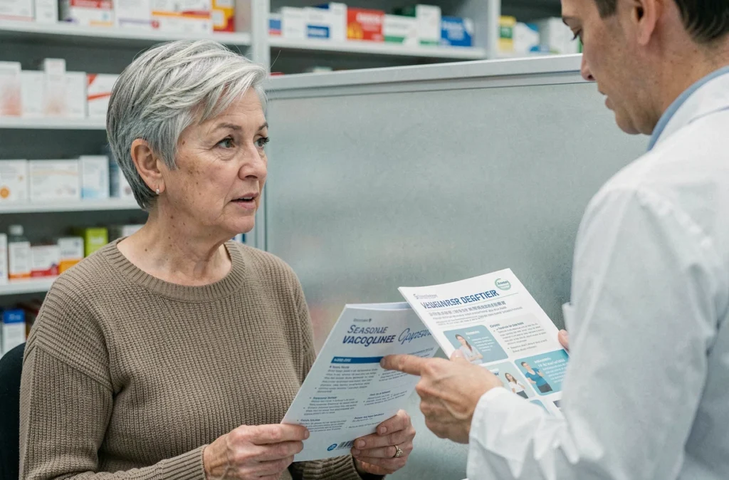 Femme âgée consultant un pharmacien sur les vaccins saisonniers recommandés pour les adultes